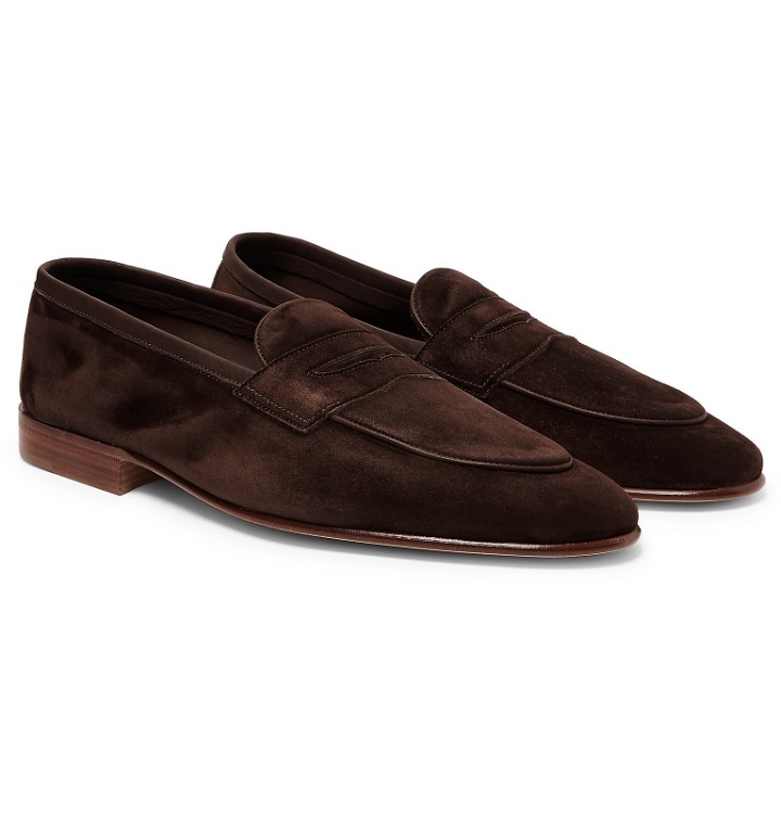 Photo: Edward Green - Polperro Leather-Trimmed Suede Penny Loafers - Brown
