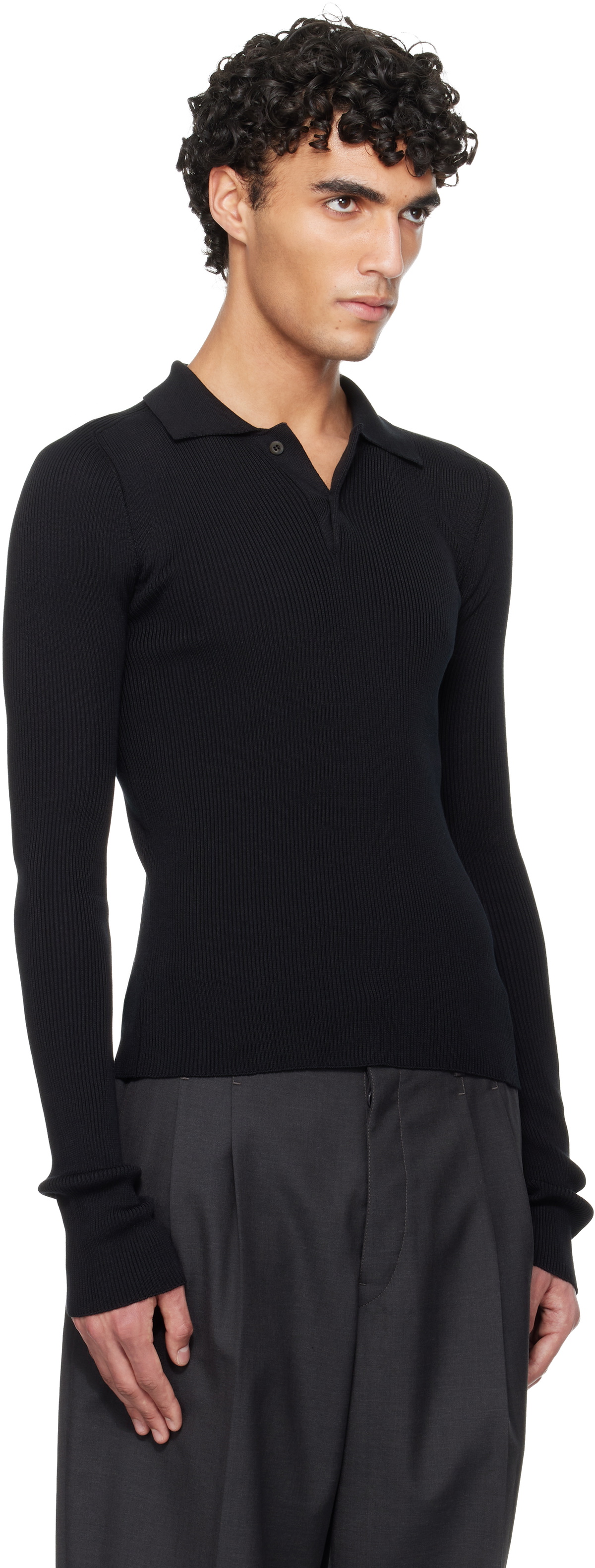 Rier Black Fine Rib Silk Polo