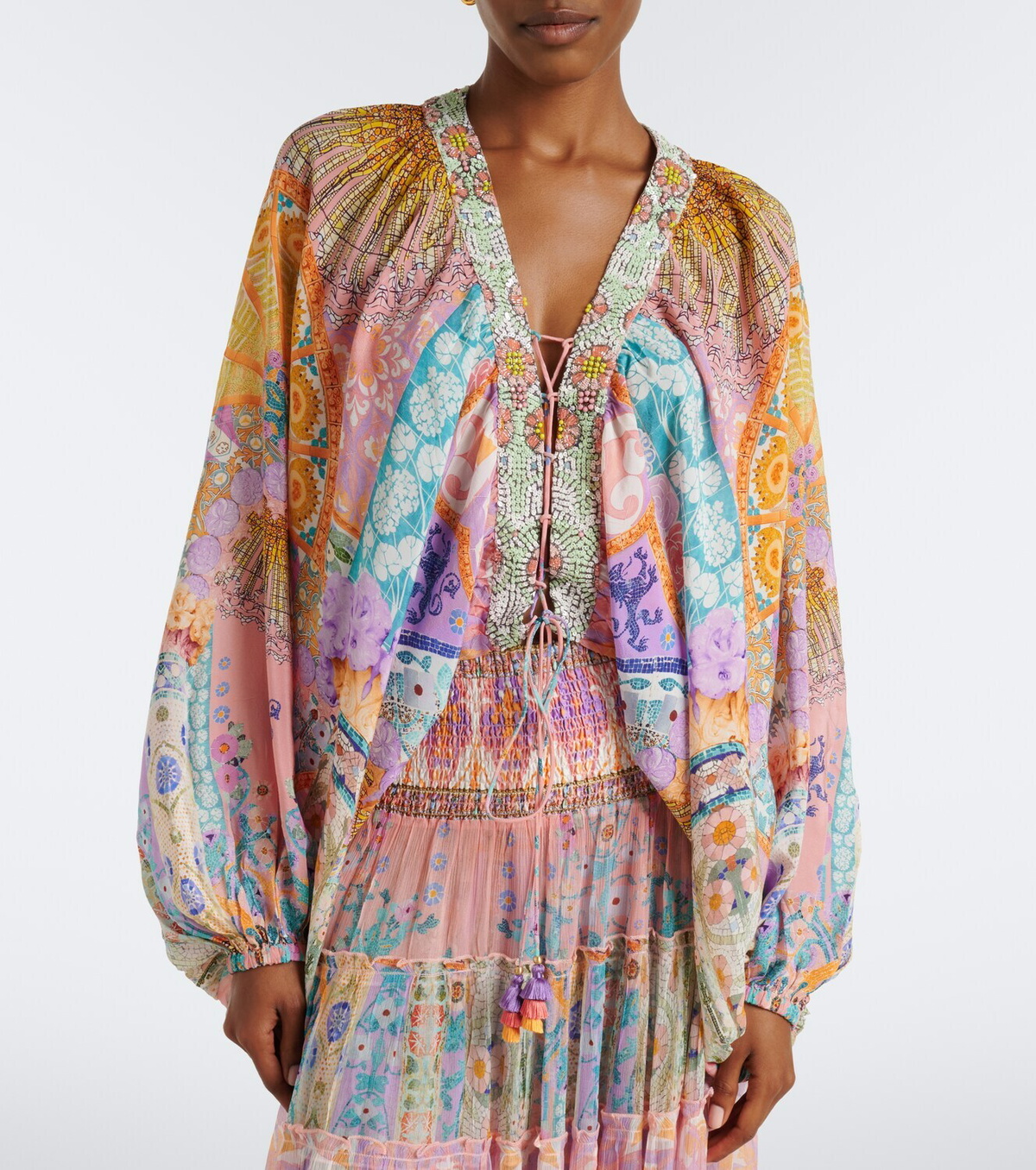 Camilla Embellished lace-up silk blouse