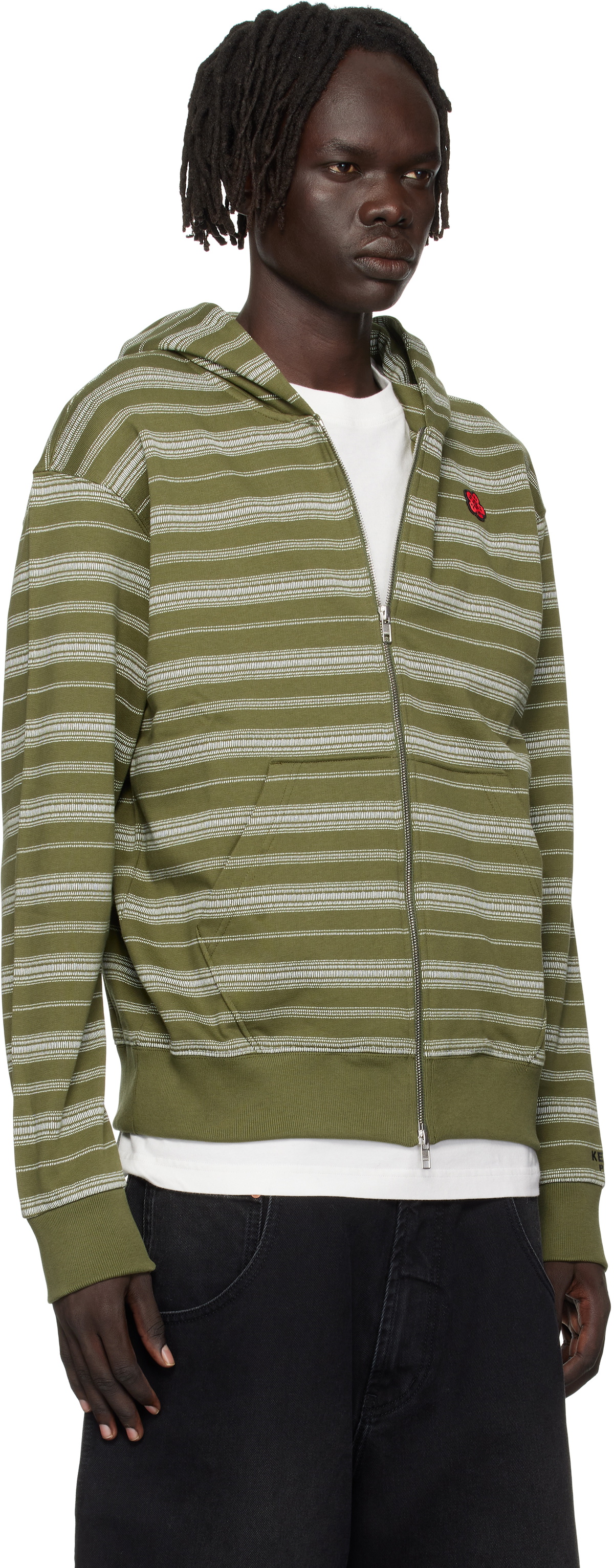 Kenzo Khaki Kenzo Paris 'Boke Flower' Striped Embroidered Hoodie