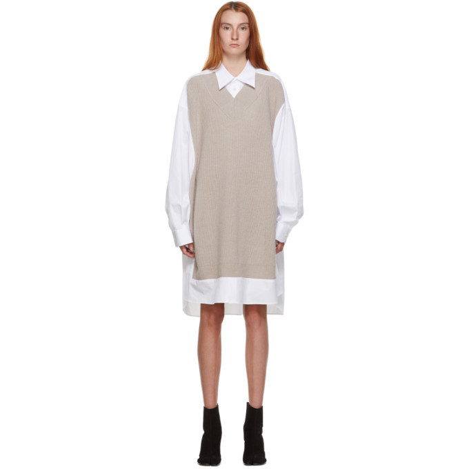【Maison Margiela】Knit Shirt Dress - White:Beige Maison Margiela White and Beige Knit Shirt Dress Maison Margiela