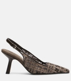 Brunello Cucinelli Beaded checked leather-trimmed slingback pumps