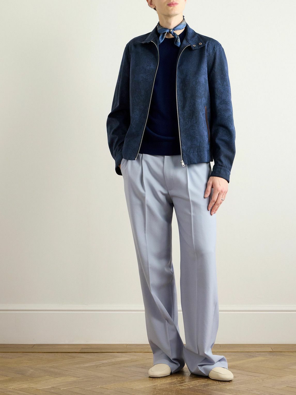 Etro - Leather-Trimmed Cotton and Wool-Blend Jacquard Bomber Jacket - Blue