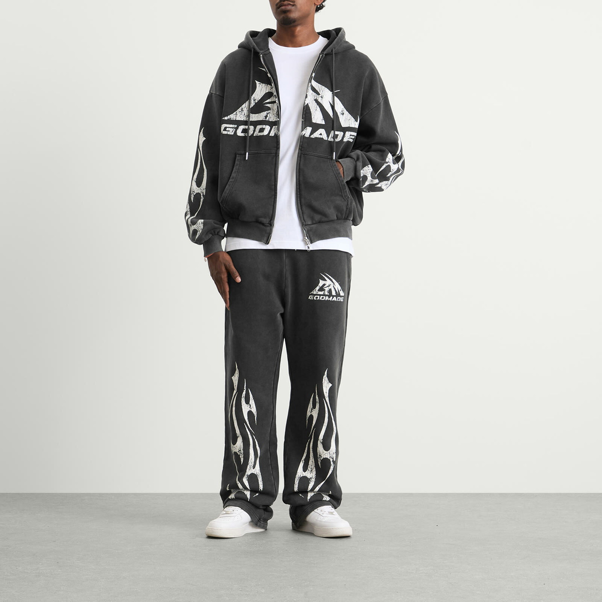 God Made Men's GM Logo Zip Hoodie in Washed Grey