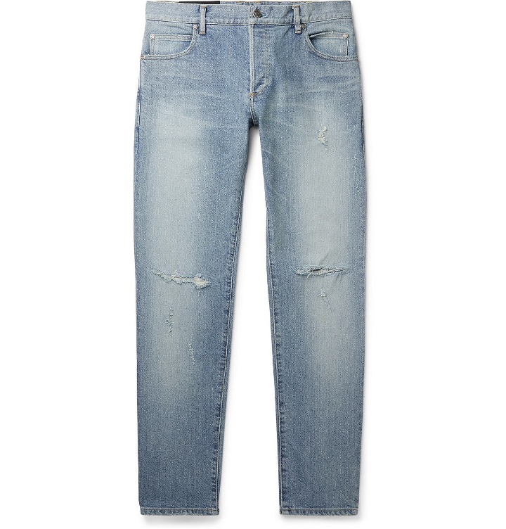 Photo: BALMAIN - Skinny-Fit Distressed Logo-Embroidered Denim Jeans - Blue