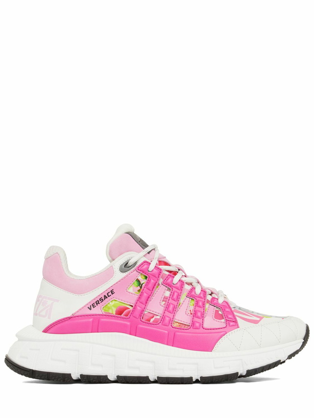 Photo: VERSACE 40mm Trigreca Leather & Mesh Sneakers