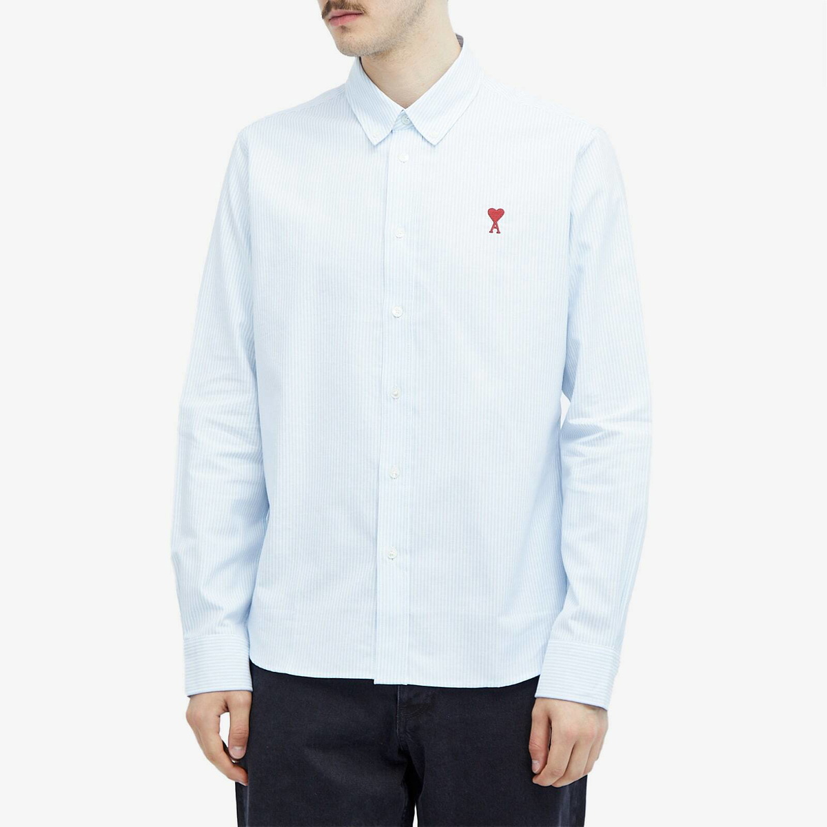 AMI Paris Men's Heart Striped Button Down Oxford Shirt in Sky Blue/Natural White