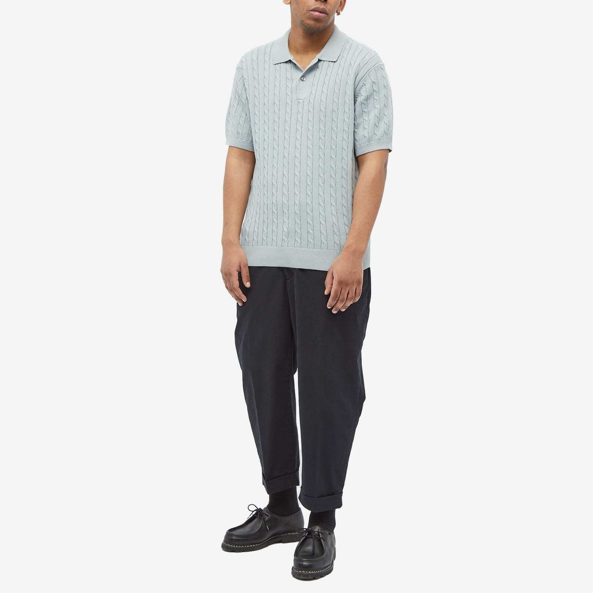 Beams Plus Men's Cable Knitted Polo Shirt in Ice Blue Beams Plus