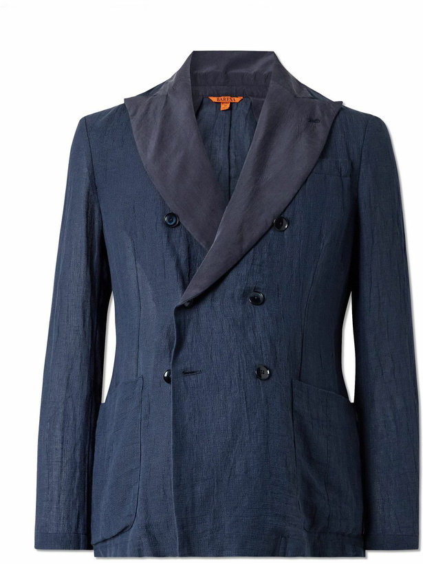 Photo: Barena - Siroco Double-Breasted Silk-Trimmed Linen and Cotton-Blend Blazer - Blue