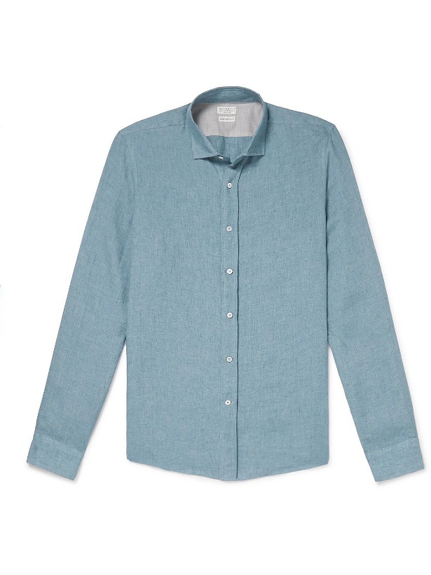 Photo: Brunello Cucinelli - Cutaway-Collar Linen-Chambray Shirt - Blue