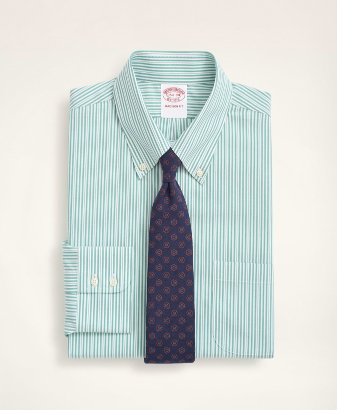 Photo: Brooks Brothers Men's Stretch Madison Relaxed-Fit Dress Shirt, Non-Iron Poplin Button Down Collar Stripe | Green