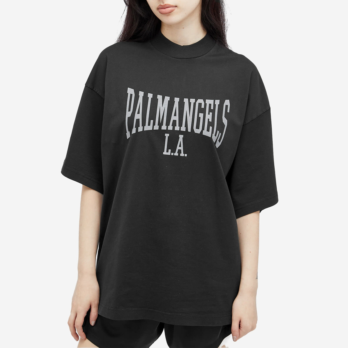 Palm Angels Women's College Loose T-Shirt in Black/Grey Palm Palm Angels Women's College Loose T-Shirt in Black/Grey Palm
