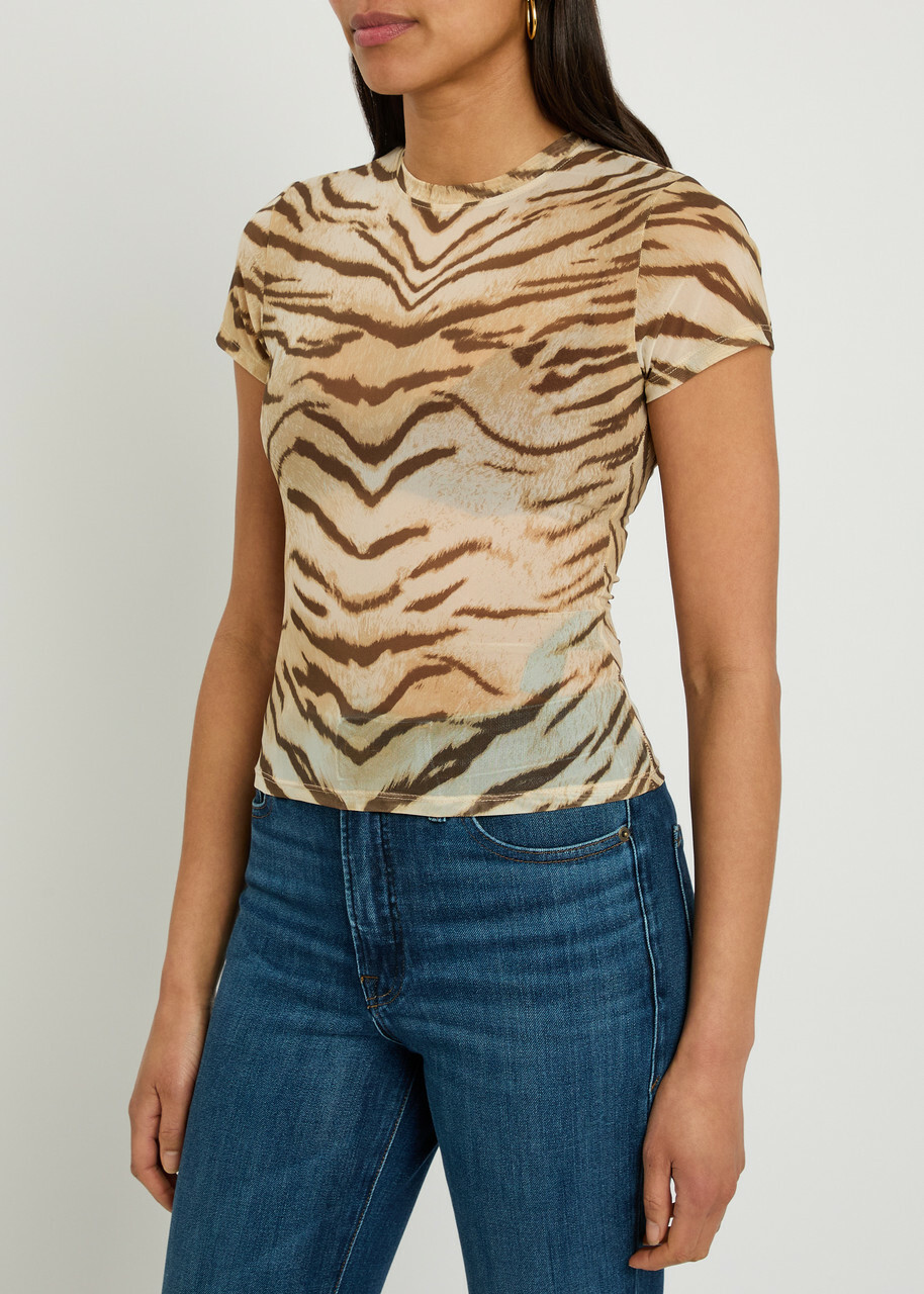 Good American Tiger-print Stretch-mesh T-shirt Multicoloured