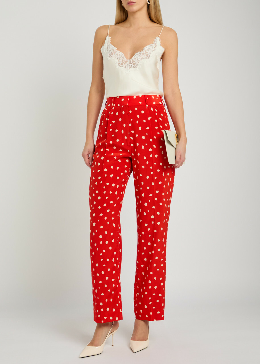 Blaze Milano Fox Polka-dot Straight-leg Silk Trousers Red