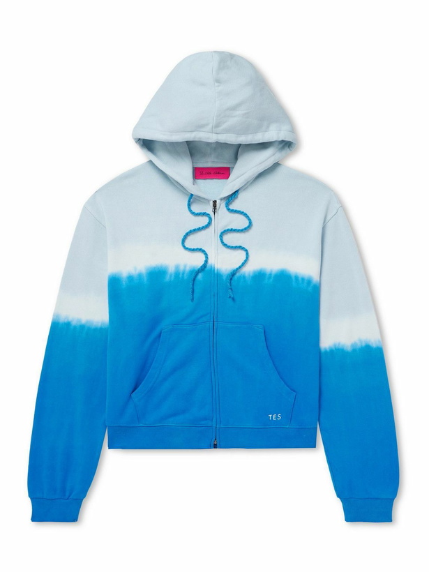 Photo: The Elder Statesman - Daily Embroidered Tie-Dyed Cotton-Blend Jersey Zip-Up Hoodie - Blue