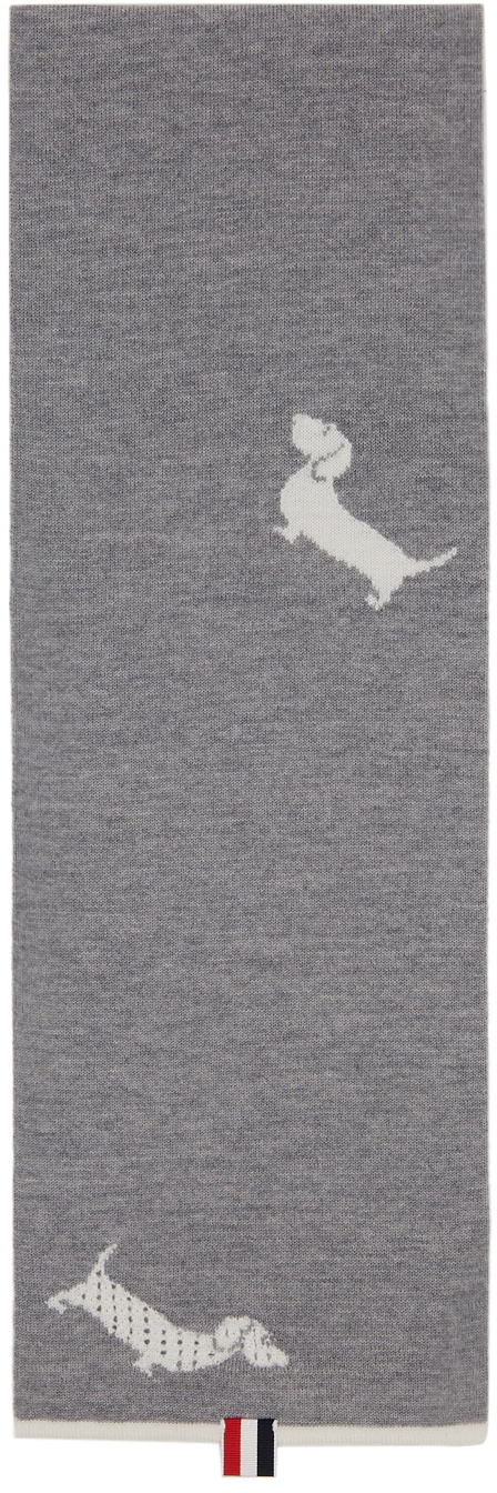 Thom Browne Grey Intarsia Hector Icon Half Drop 4-Bar Scarf