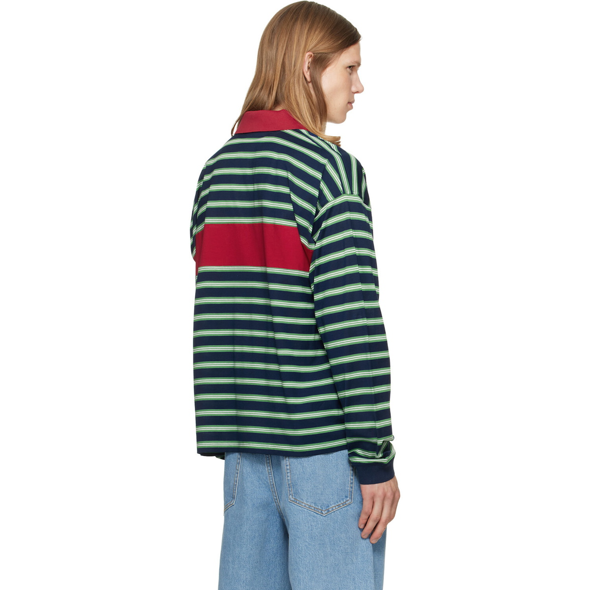 Versace Blue & Green Embroidered-Logo Striped-Intarsia Cotton Polo