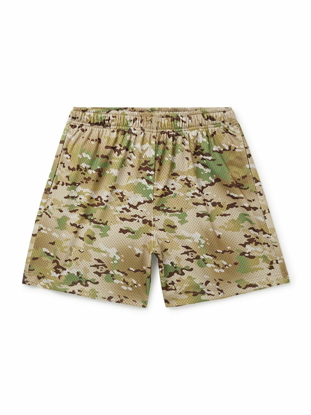 Photo: John Elliott - Practice Wide-Leg Camouflage-Print Mesh Drawstring Shorts - Green