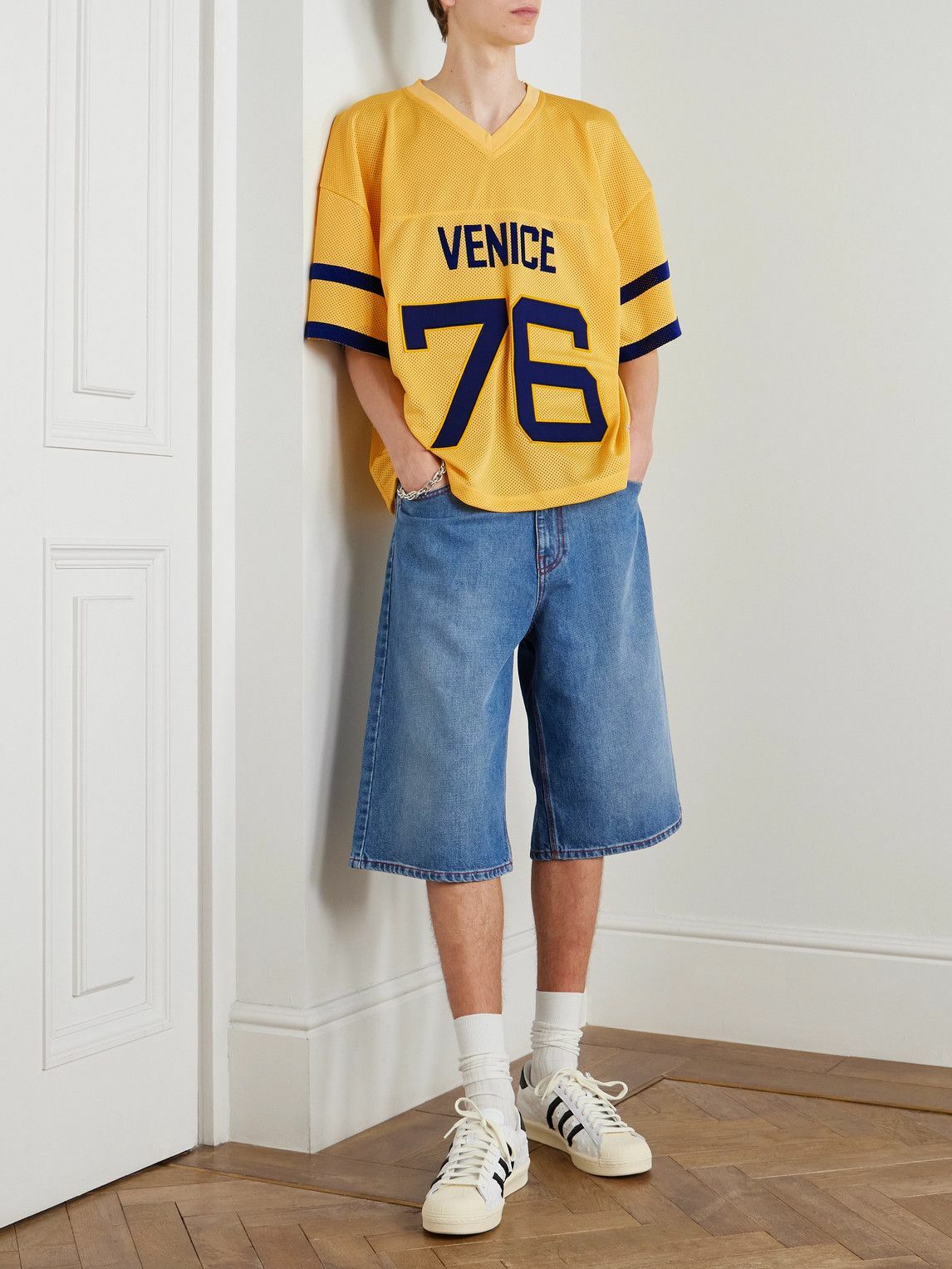 ERL - Venice 76 Oversized Appliquéd Flocked Mesh T-Shirt - Yellow ERL