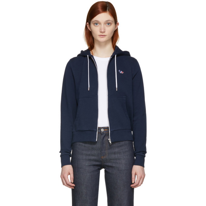 Photo: Maison Kitsune Navy Tricolor Fox Patch Zip Hoodie