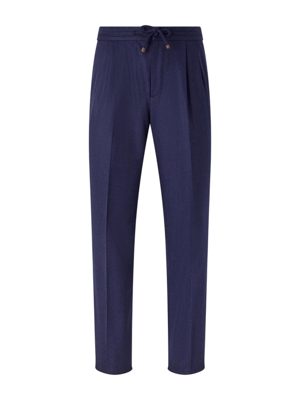 Photo: Brunello Cucinelli - Tapered Pleated Virgin Wool-Flannel Drawstring Trousers - Blue