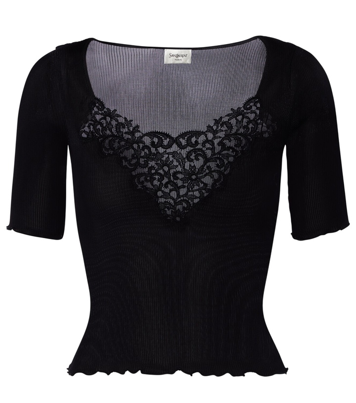 Photo: Saint Laurent Lace-trimmed ribbed-knit silk top