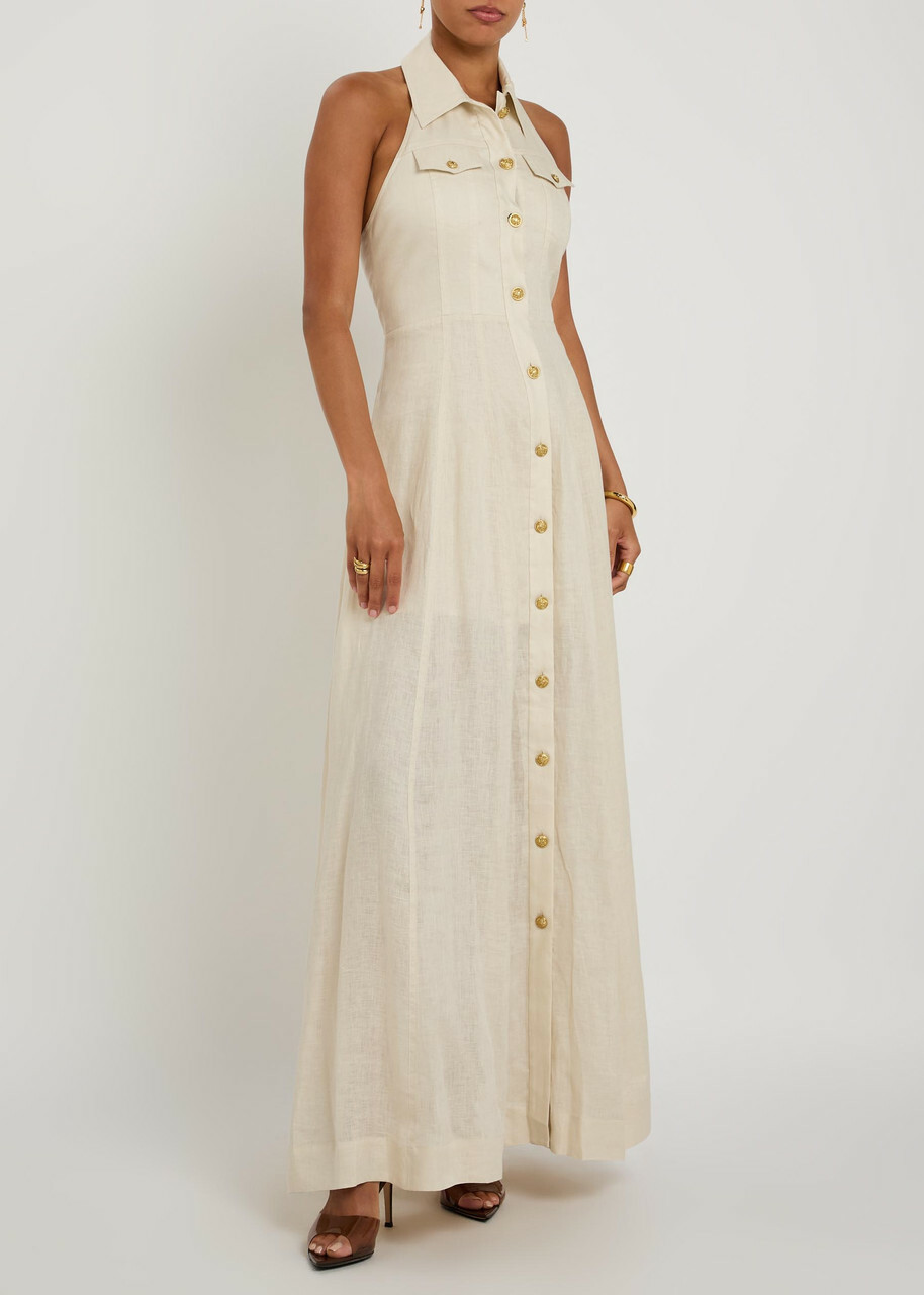 Alice + Olivia Kendall Halterneck Linen Maxi Dress Beige
