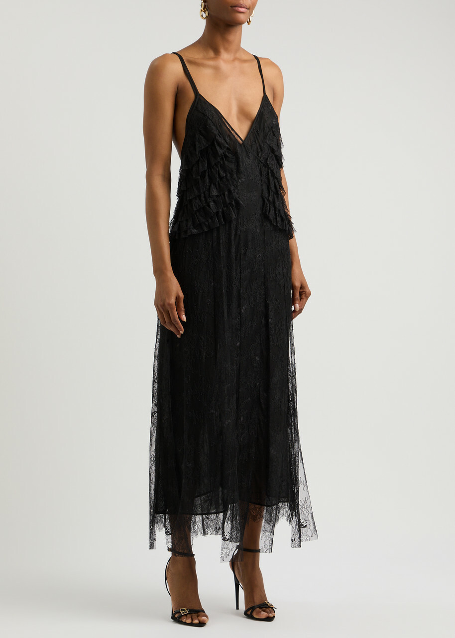 Blumarine Draped Floral Lace Midi Dress Black