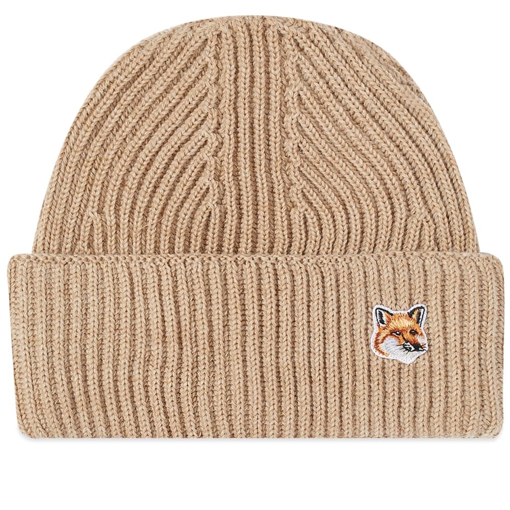 Maison Kitsuné Men's Fox Head Patch Ribbed Hat in Beige Maison Kitsune