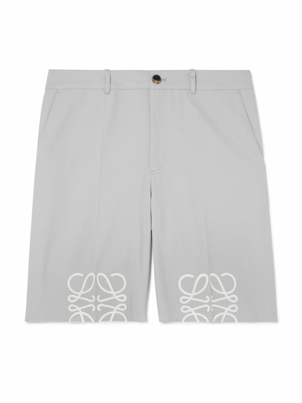 Photo: LOEWE - Straight-Leg Logo-Print Distressed Cotton-Twill Shorts - Gray