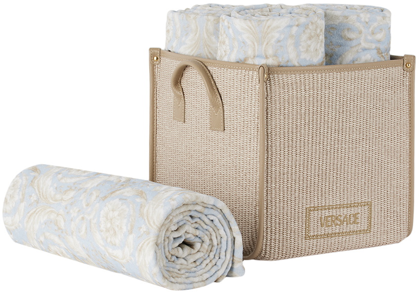 Versace Blue & Beige Barocco Floor Basket Towel Set, 5 pcs
