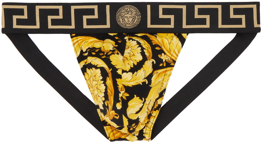 Versace Underwear Black & Gold Barocco Jockstrap Versace