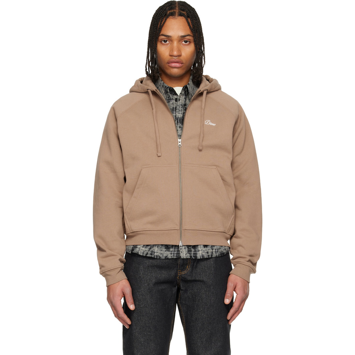 Dime Taupe Cursive Small Logo Zip Hoodie