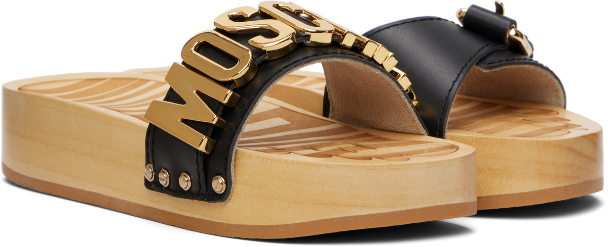 Moschino Beige & Black Calfskin Wood Sandals