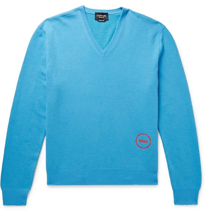 Photo: CALVIN KLEIN 205W39NYC - Logo-Embroidered Wool and Cotton-Blend Sweater - Men - Blue