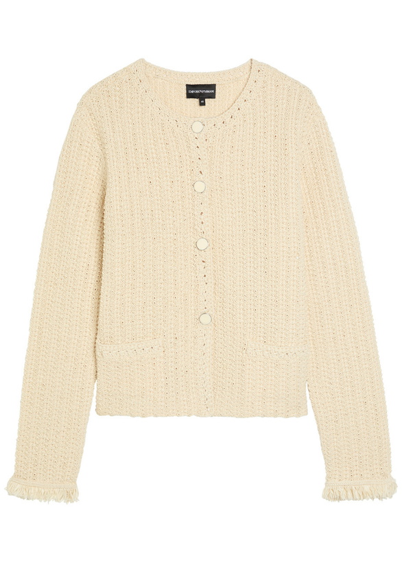Photo: Emporio Armani Fringed Cotton-blend Crochet Cardigan Cream