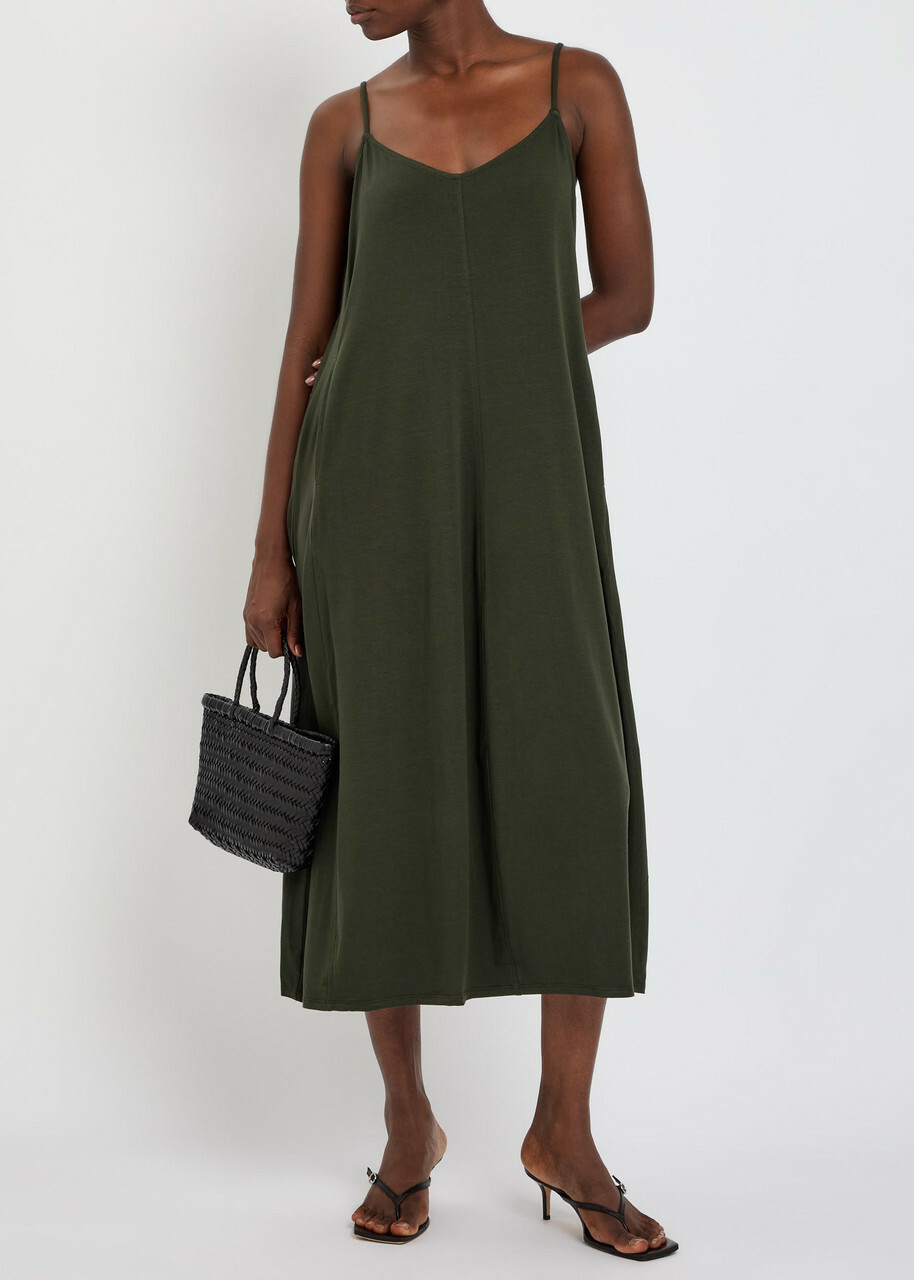 Eileen Fisher Lantern Jersey Midi Dress Dark Green