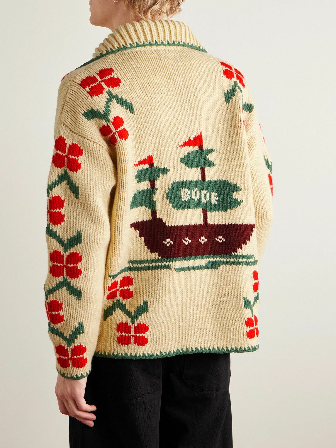 BODE - Pirate Ship Intarsia Virgin Wool Cardigan - Neutrals