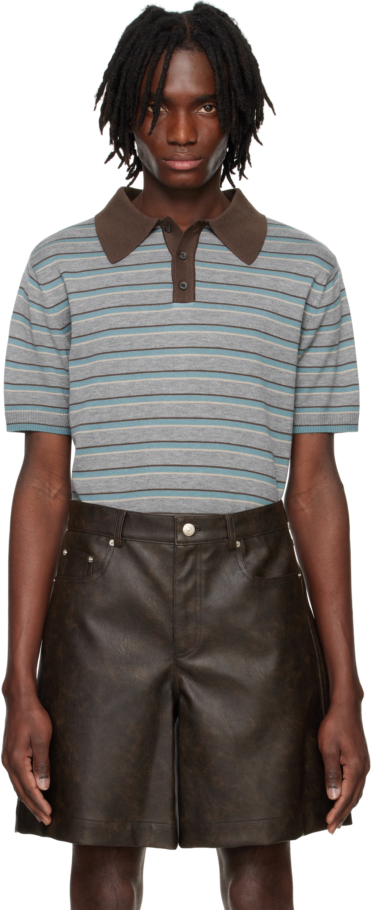 System Gray Striped Knitted Polo