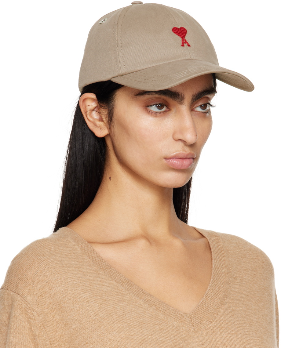 AMI Paris Taupe Red Ami de Cœur Embroidery Cap AMI