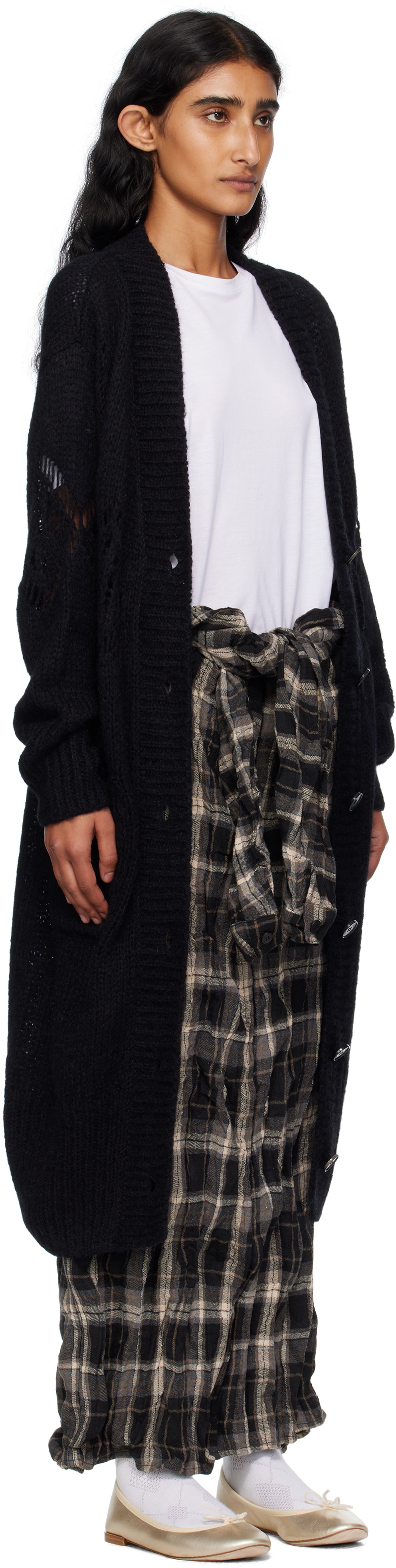 OPEN YY Black Alpaca Argyle Pointelle Long Cardigan