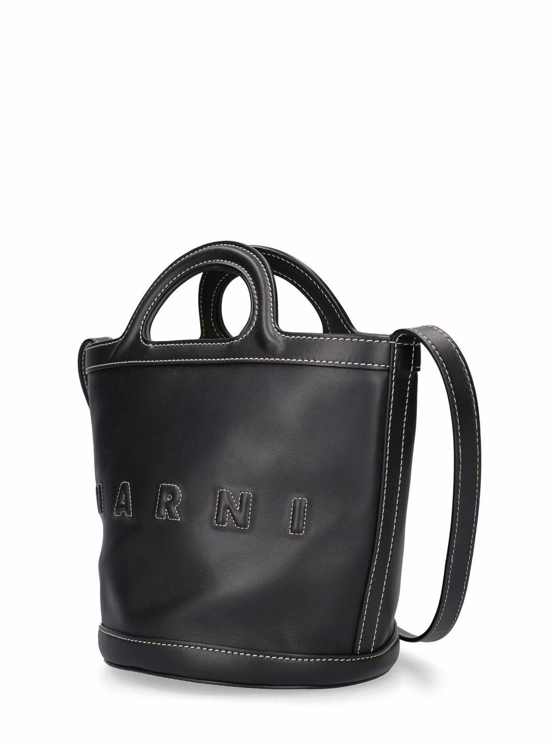 MARNI｜ (MINI BUCKET (SCMP0056Q1 P3860 00N99)) Tropicalia Small Bucket Bag in black leather and raffia