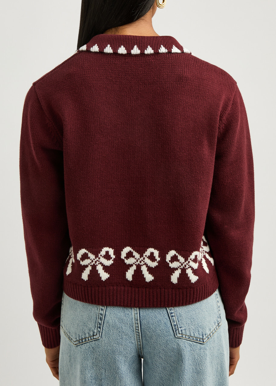 Kitri Polly Bow-intarsia Cotton-blend Cardigan Chocolate