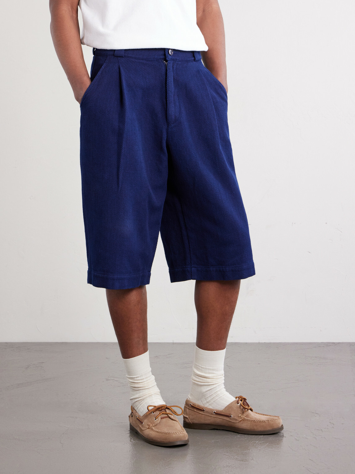 Blue Blue Japan - Wide-Leg Pleated Sashiko Cotton Shorts - Blue