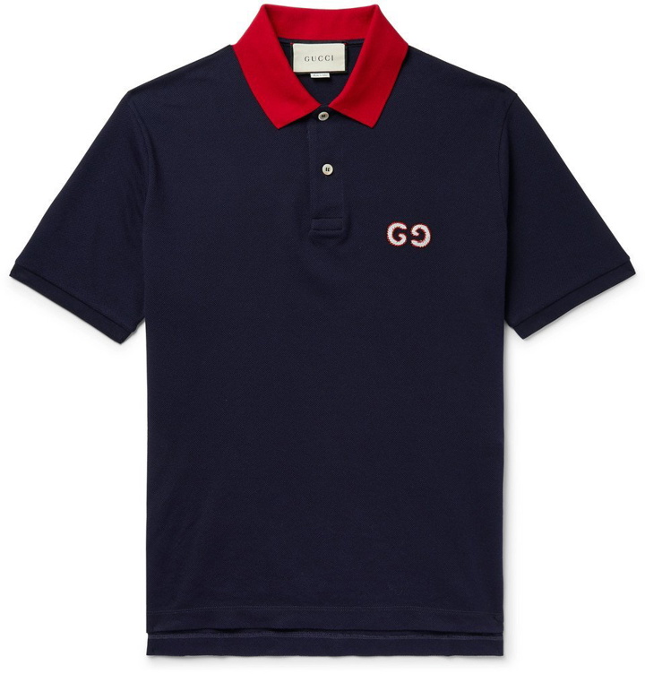 Photo: Gucci - Logo-Embroidered Stretch-Cotton Piqué Polo Shirt - Navy