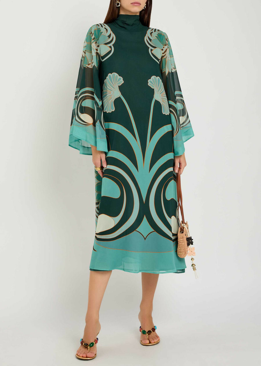 LA Double J Magnifico Printed Silk Midi Dress Blue