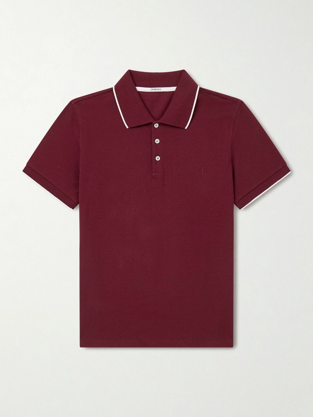 Photo: SAINT LAURENT - Slim-Fit Logo-Embroidered Cotton-Piqué Polo Shirt - Burgundy