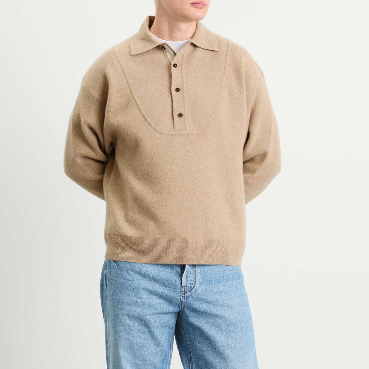 Jacquemus Men's Wool Cashmere Knitted Polo in Beige