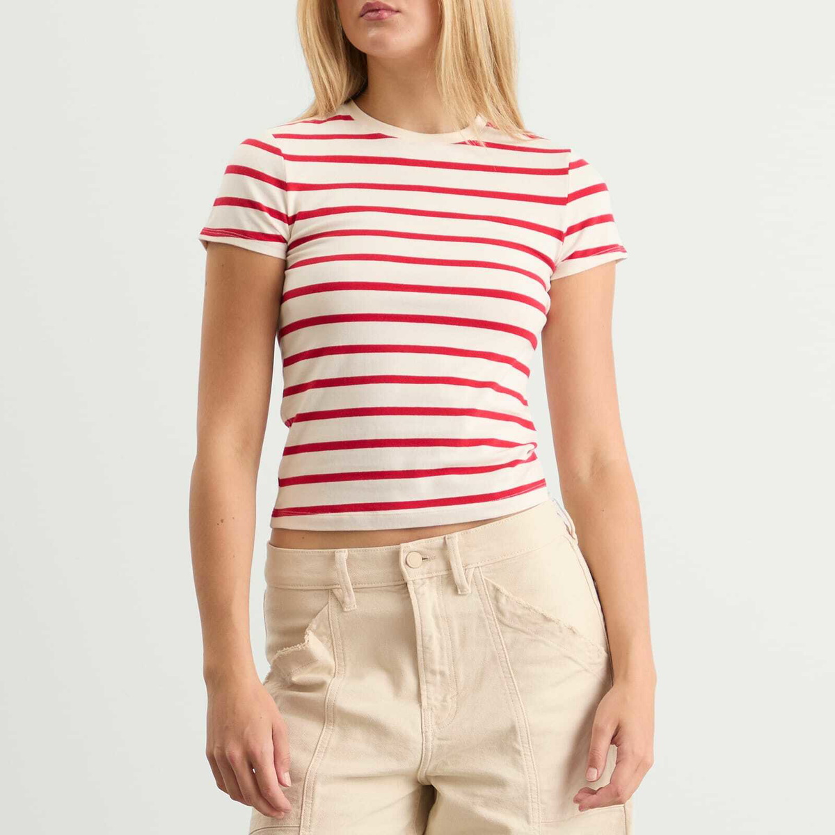 Good American Women's Super Stretch Baby T-Shirt in Ecru/Chili Wide Stripe