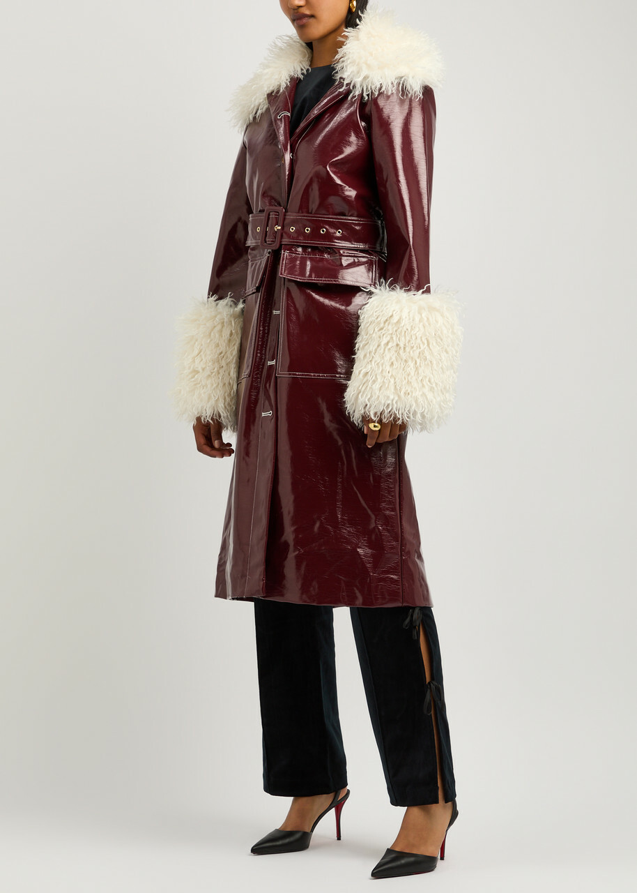 Kitri Simone Faux Shearling-trimmed Vinyl Coat Burgundy
